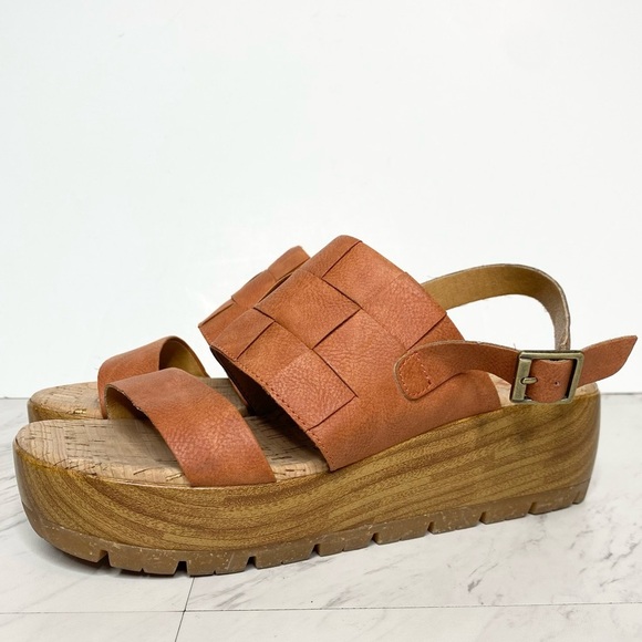 Korks Kork Ease Fraya Orange Brown Faux Leather Platform Wedge Sandal 9M - Picture 1 of 14